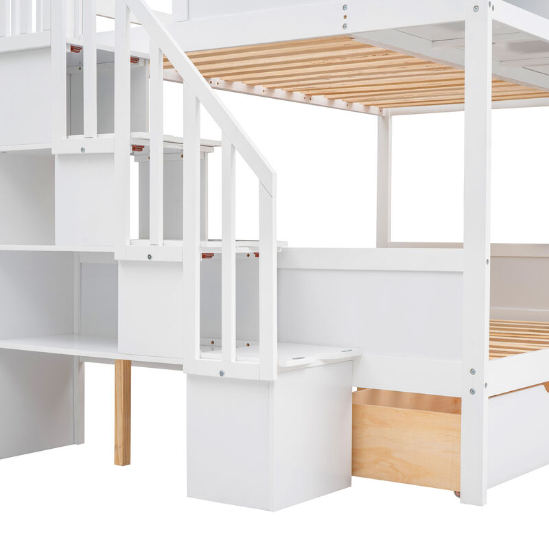 Whisen Twin over Full Bunk Bed with Shelfs, Storage Staircase and 2 Drawers- White
