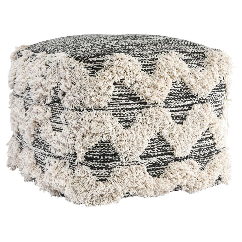 18 Inch Square Cube Accent Pouf, Zig Zag Shag Woven Pattern, Black, White-Benzara image number 1