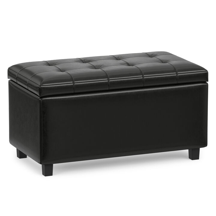 Cosmopolitan 34 inch Wide Transitional Rectangle Storage Ottoman in Midnight Black Vegan Faux Leather, Assembled