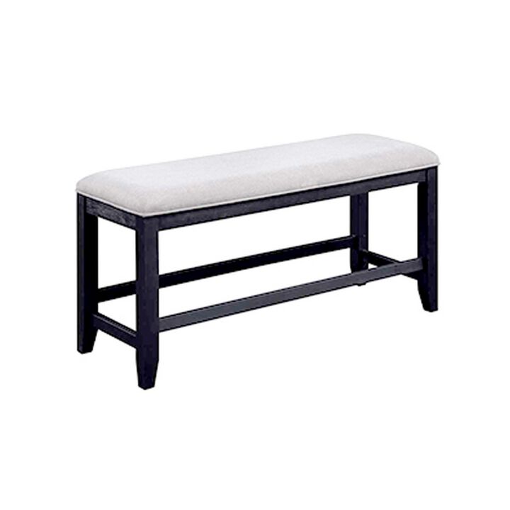 Edward 48 Inch Counter Height Dining Bench, White Fabric and Black Wood - Benzara