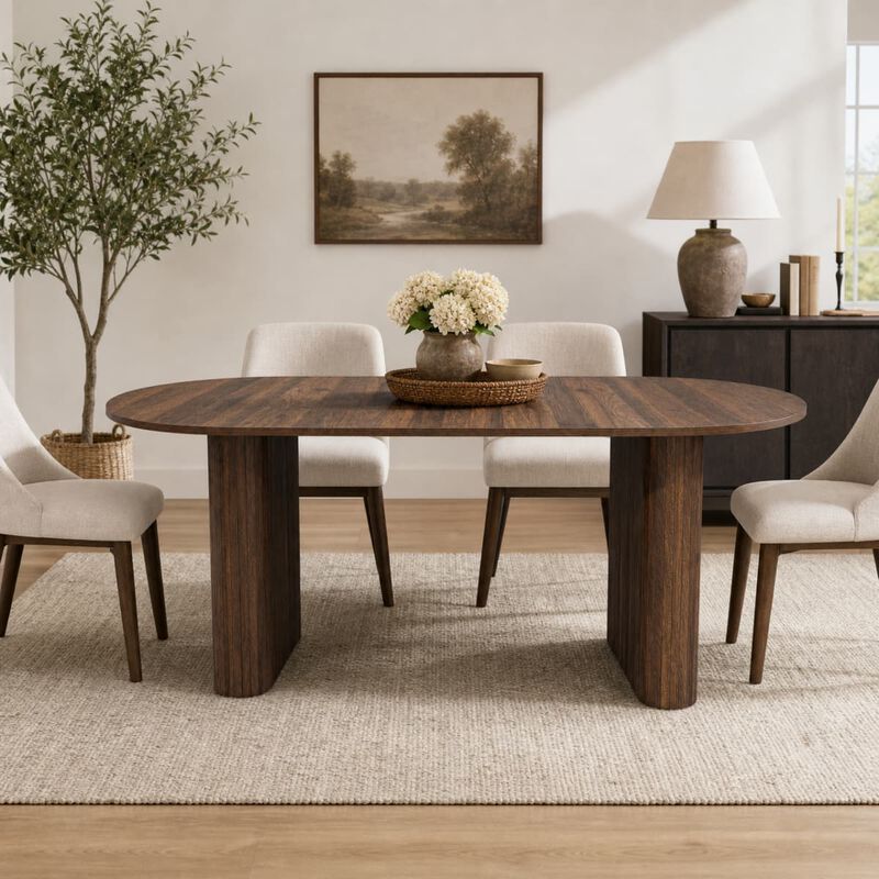 Oval dining table for 6 to 8 MDF dining table with metal frame Modern farmhouse dining table with wood strip base for kitchen image number 3