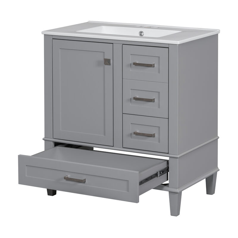 Whisen 30 in. Bathroom Storage Cabinet Bathroom Vanity with Ceramic Sink, Soft Close Door and 3 Drawers