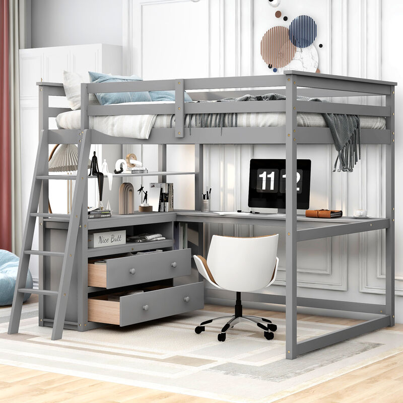 Whisen Full Size Wood Loft Bed with Desk, Shelves and Two Built-in Drawers - Gray