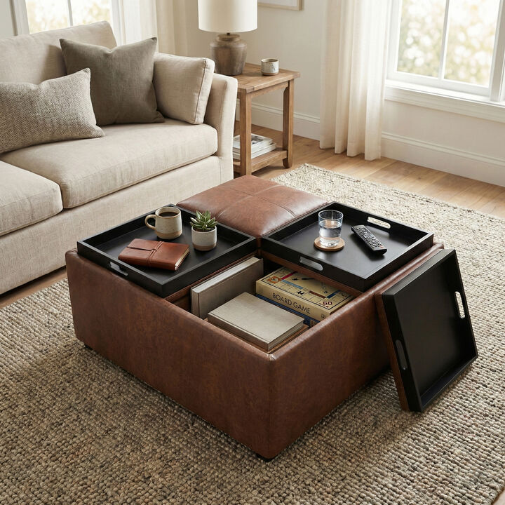 Avalon 35 inch Wide Upholstered Vegan Leather Square Storage Ottoman