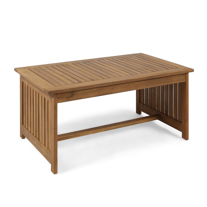 Gerry Outdoor Coffee Table, 40 Inch Rectangular Slat Brown Acacia Wood - Benzara