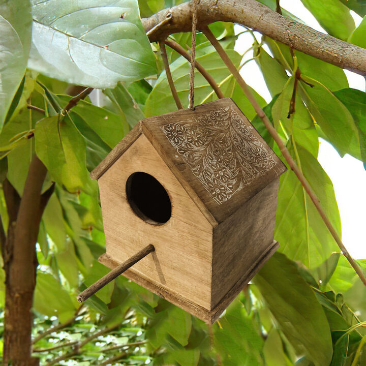 Hut Shape Decorative Mango Wood Hanging Bird House with Engraved Details, Distressed Brown-Benzara