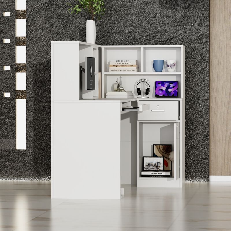 FUFU&GAGA Modern L-Shaped Office Desk with Hutch and Storage (55.9" L x 32.3" W x 48.4" H), Black