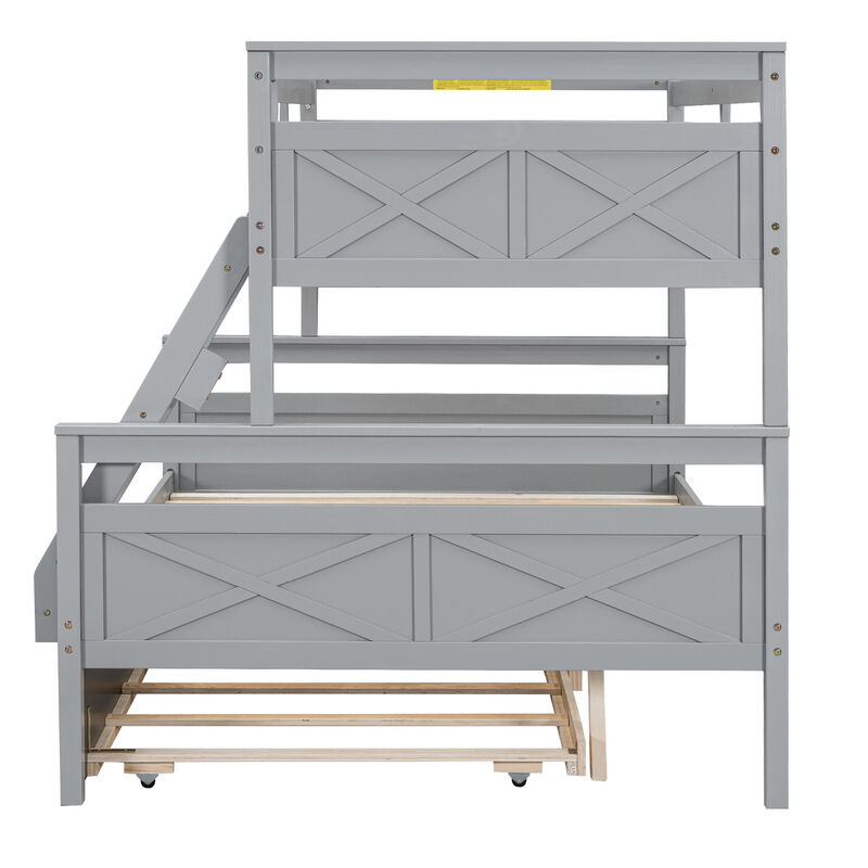 Whisen Twin over Full Bunk Bed with Ladder, Twin Size Trundle, Safety Guardrail - Gray