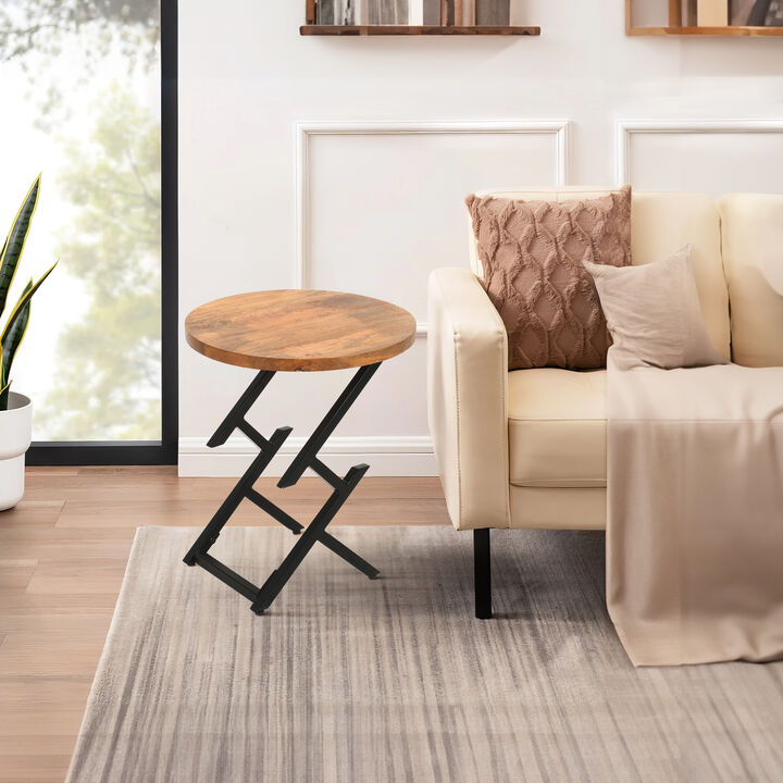 23 Inch Side End Table, Natural Brown Round Wood Top, Modern Black Angled Iron Legs