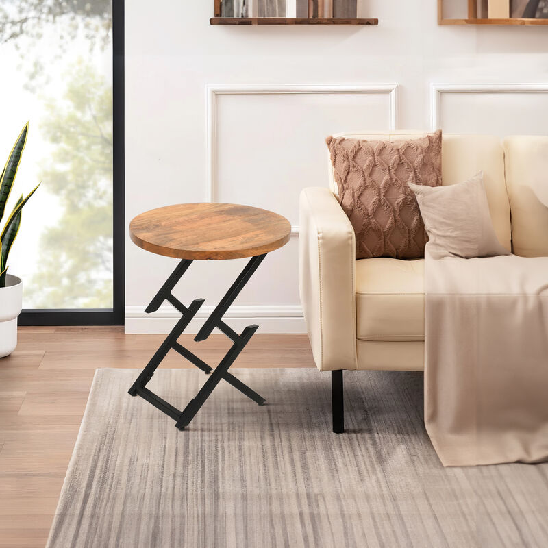 23 Inch Side End Table, Natural Brown Round Wood Top, Modern Black Angled Iron Legs