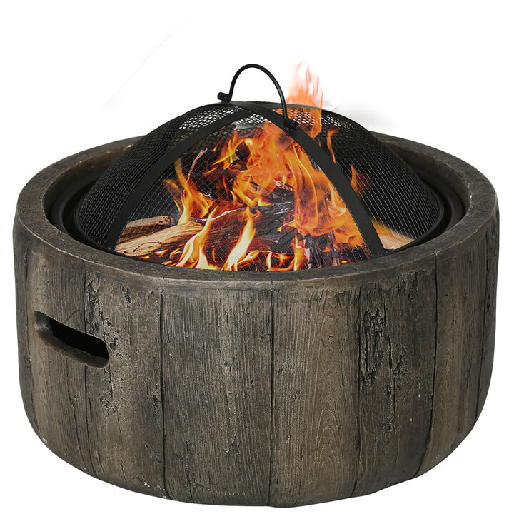 Outsunny Outdoor Fire Pit, 18 Inch Metal Wood Burning Fireplace with Spark Cover, Poker, Woodgrain Design for Patio, Picnic, Backyard, Dark Brown