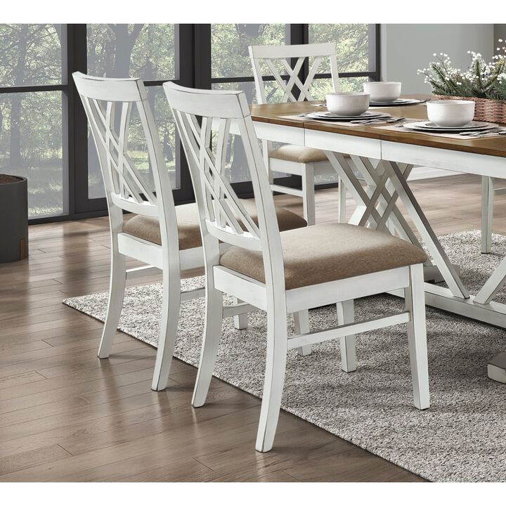 Modern Style White and Oak Finish 5pc Dining Set Table w Extension Leaf 4x Side Chairs Upholstered Seat Charming Traditional Dining Room Furniture