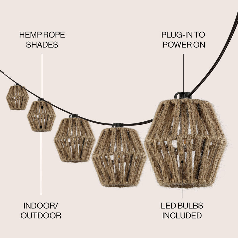 Samara Light Indoor/Outdoor Mid-Century Classic Incandescent C7 Lantern Hemp Rope Shaded String Lights