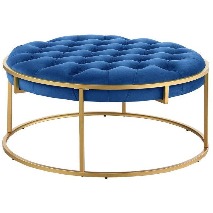 Conmara Velvet Round Accent Ottoman Navy Blue, Gold