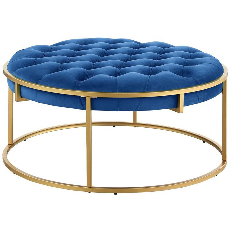 Conmara Velvet Round Accent Ottoman Navy Blue, Gold