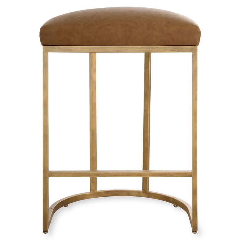 Gyn Counter Height Stool, Brown Faux Leather, D Seat, Gold Cantilever Base
