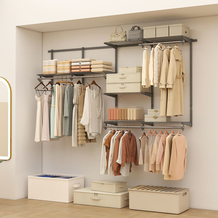 Wall-Mounted Closet Storage System with Hanging Rod and Open Shelves