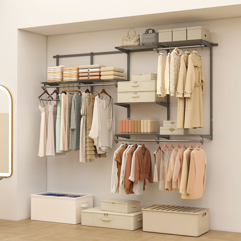 Wall-Mounted Closet Storage System with Hanging Rod and Open Shelves image number 1