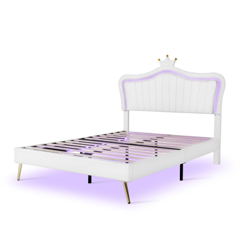 Queen Size Upholstered Bed Frame with LED Lights, Modern Upholstered Princess Bed With Crown Headboard, White
