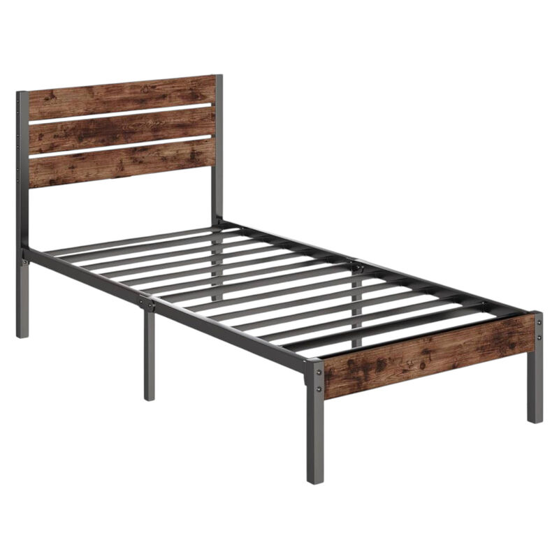 Modern Farmhouse Metal Platform Bed Frame with Wood Headboard