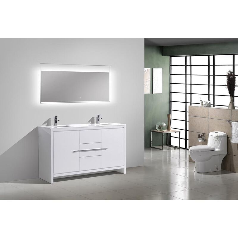Kubebath 60&Prime; Double Sink High Gloss White Modern Bathroom Vanity with White Quartz