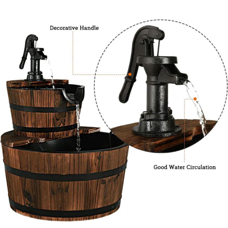 Hivvago 2-Tiers Outdoor Wooden Barrel Waterfall Fountain with Pump