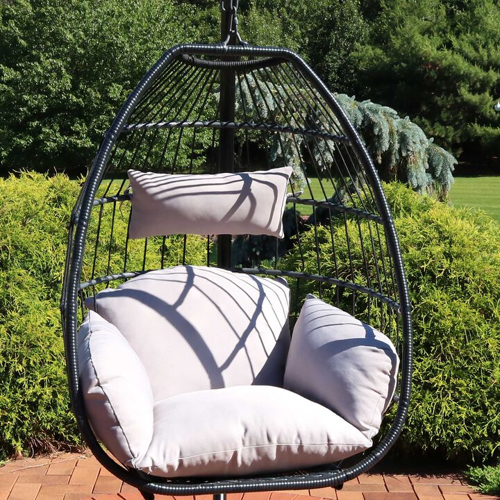 Sunnydaze Large Black Resin Wicker Hanging Egg Chair with Cushions - Gray