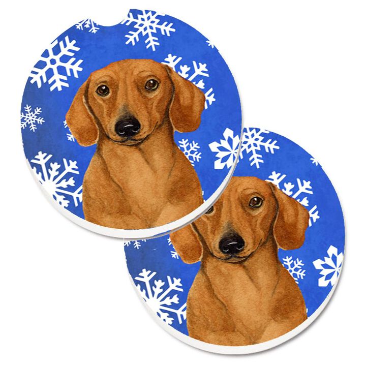 Caroline's Treasures Dachshund Winter Snowflakes Holiday Set of 2 Cup Holder Car Coasters LH9267CARC, 2.56, Multicolor