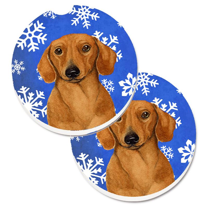Caroline's Treasures Dachshund Winter Snowflakes Holiday Set of 2 Cup Holder Car Coasters LH9267CARC, 2.56, Multicolor image number 0