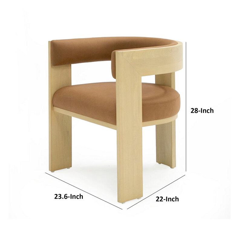 24 Inch Dining Chair, Curved Open Back, Cushioned, Natural Ash, Rust Fabric - Benzara