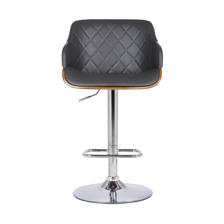 HomeRoots Gray And Silver Faux Leather And Fabric And Iron Low Back Adjustable Height Swivel Bar Chair