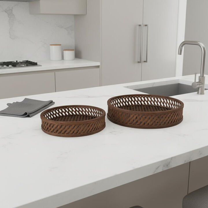 HomeRoots Set of Two Brown Round Wicker Handmade Serving Tray