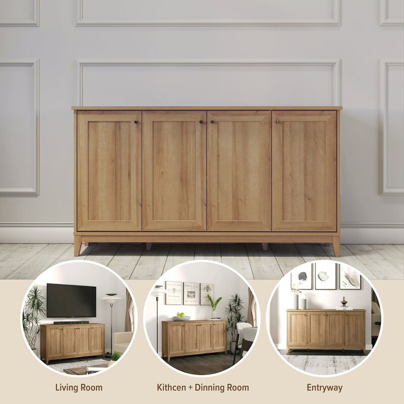 Prepac Yaletown 4 Panel Door Console Table Oak Engineered Wood Storage Cabinet