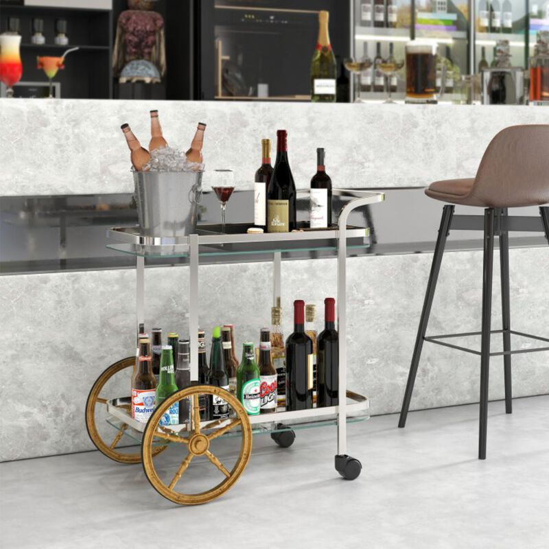 Hivvago 2-Tier Tempered Glass Bar Cart with 2 Large Aluminum Wheels and 2 Rolling Casters