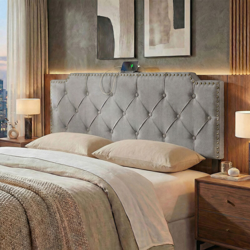 Queen Full Size Upholstered Headboard with Vertical Quilted Linen Fabric image number 6