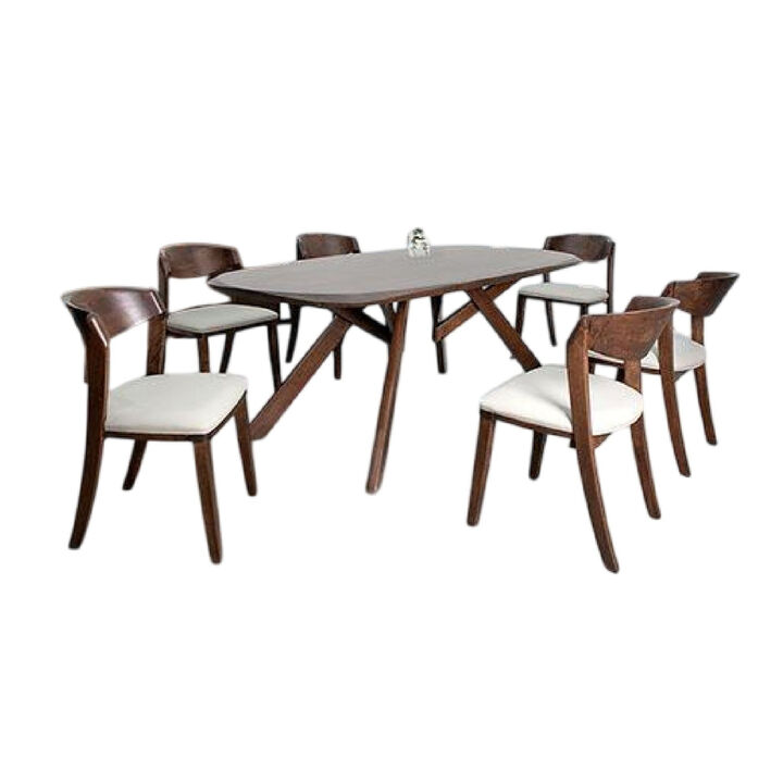 Ziva 7pc Dining Table Set, 6 Ivory Chairs, 3D Edge Brown Solid Wood - Benzara