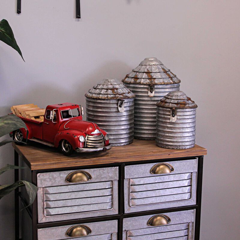 Vintage Farmhouse Style Galvanized Zinc Finish Tin Silo Canister Set of 3 image number 7