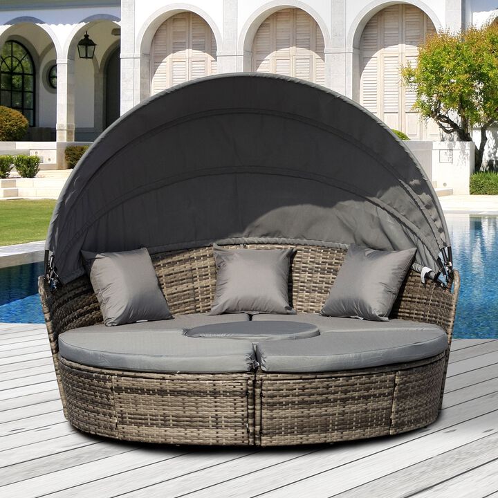 4-Piece Rattan Patio Furniture Set, Round Convertible Daybed or Sunbed with Adjustable Sun Canopy, Sectional Sofa, 2 Chairs, Table, 3 Pillows, Gray