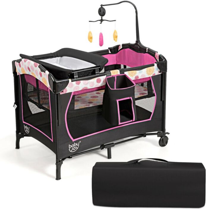 Hivvago 3-in-1 Convertible Portable Baby Playard with Music Box and Wheel and Brakes