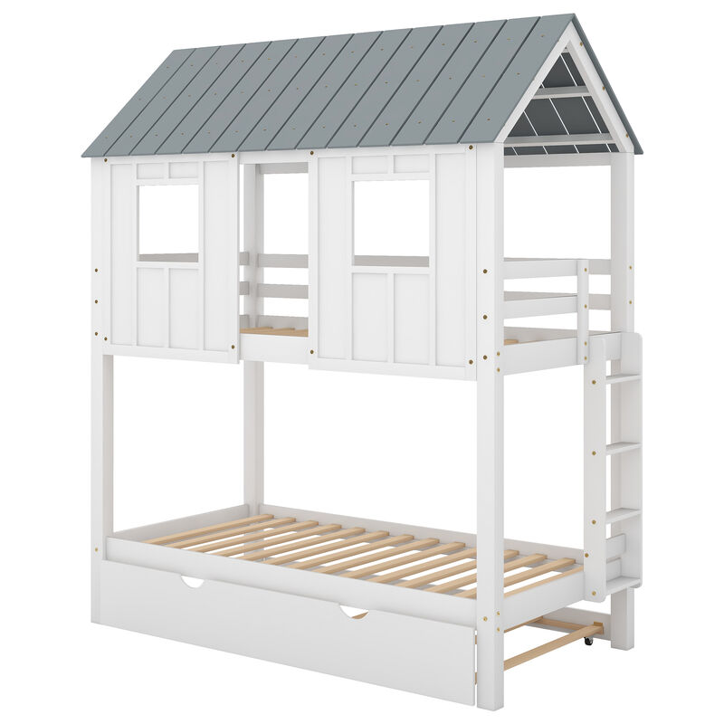 Whisen Twin Size House Bunk Bed with Trundle, Pine Wood, for Kids Teens Bedroom image number 5