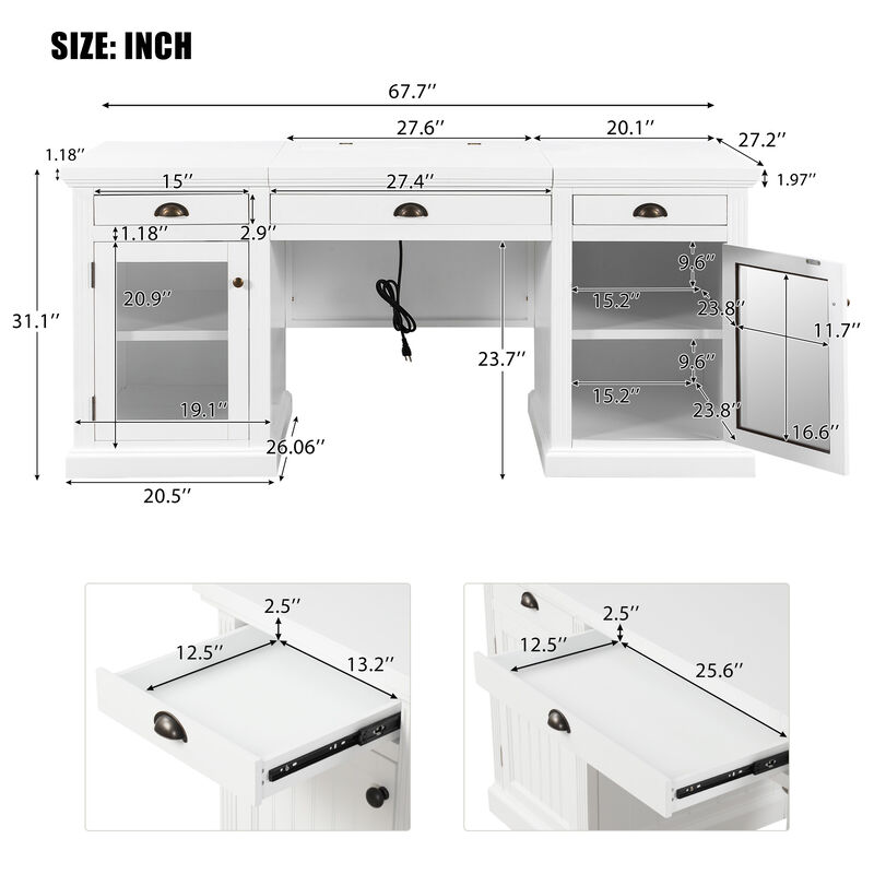 Whisen 67" Modern Executive Desk with 2 Glass Doors & 3 Drawers, Glass & Solid Wood Computer Workstation for Home Office image number 9