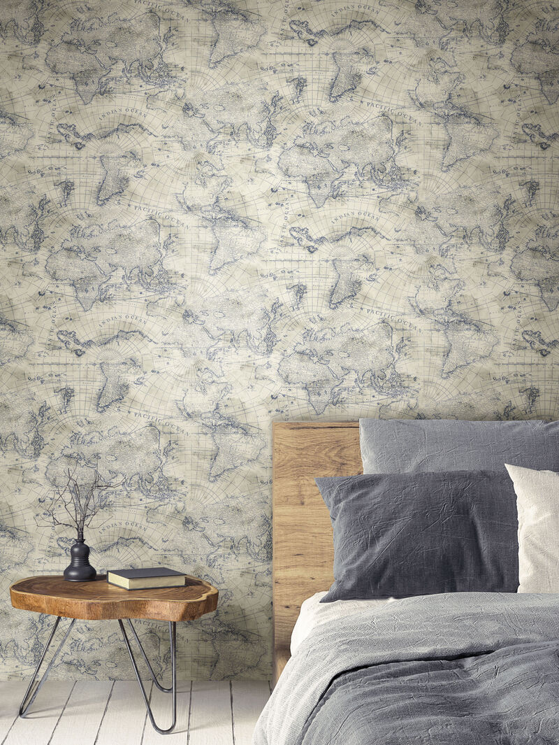 Coastal Map Blue & Beige Peel & Stick Wallpaper image number 2