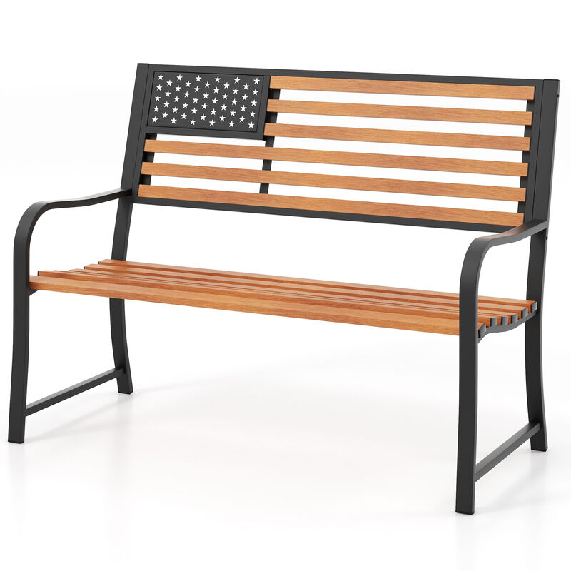Outdoor Patio Bench with Rustic Flag Back Design and Faux Wood Texture