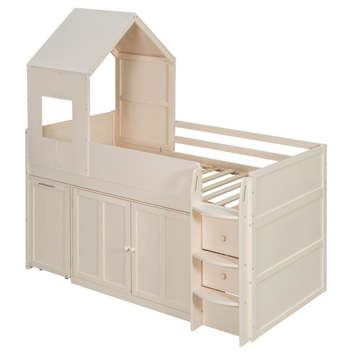 Merax Twin Size House-Style Loft Bed with Rolling Desk & Full Storage System
