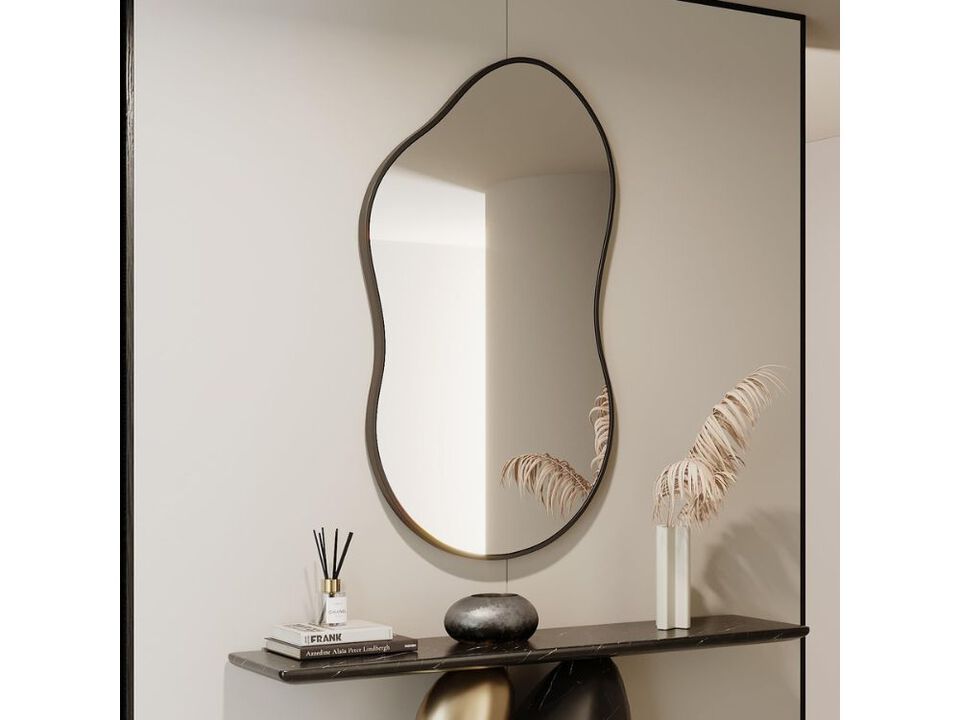Black Irregular Asymmetrical Wall Mirror 36x24 Inch Aluminum Frame Decor