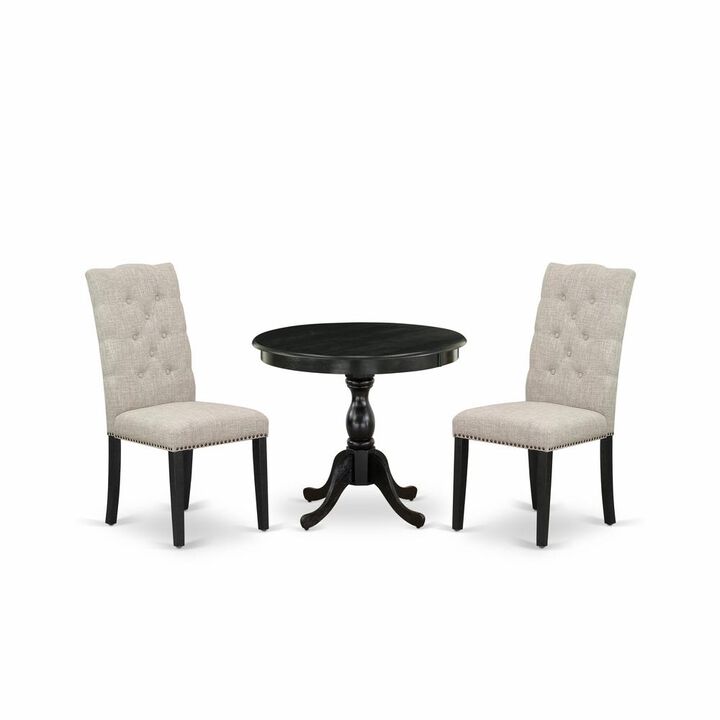 East West Furniture 3 Piece Dining Set Consists of 1 Modern Dining Table and 2 Doeskin Linen Fabric Dining Chairs Button Tufted Back with Nail Heads - Wire Brushed Black Finish