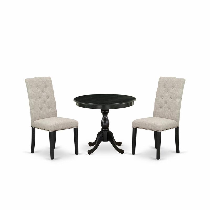 East West Furniture 3 Piece Dining Set Consists of 1 Modern Dining Table and 2 Doeskin Linen Fabric Dining Chairs Button Tufted Back with Nail Heads - Wire Brushed Black Finish