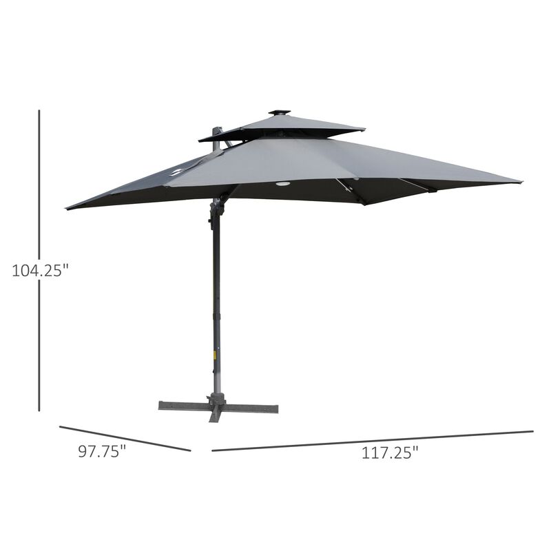 10ft Solar LED Cantilever Umbrella, Offset Hanging Umbrella with 360Â°Rotation, Cross Base, 8 Ribs, Tilt and Crank for Yard, Garden, Grey