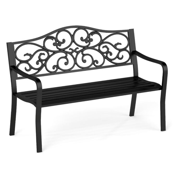 Hivvago 50 Inches Outdoor Cast Iron Metal Patio Bench with Floral Design Backrest and Slatted Seat