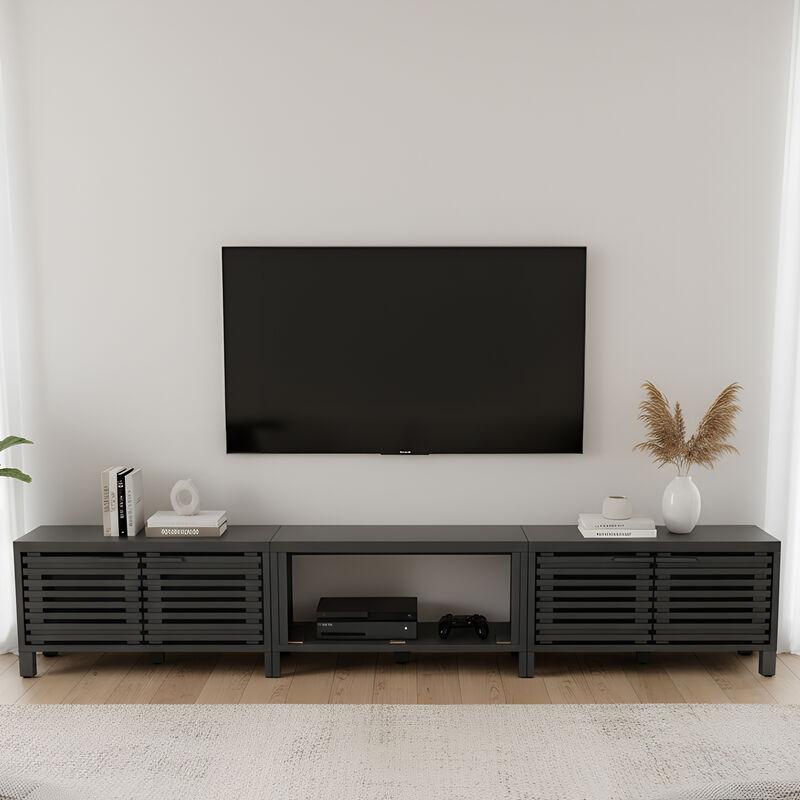 114" Modern Modular Black TV Stand, Entertainment Center with Storage Cabinet and Shelf for TV up to 98"